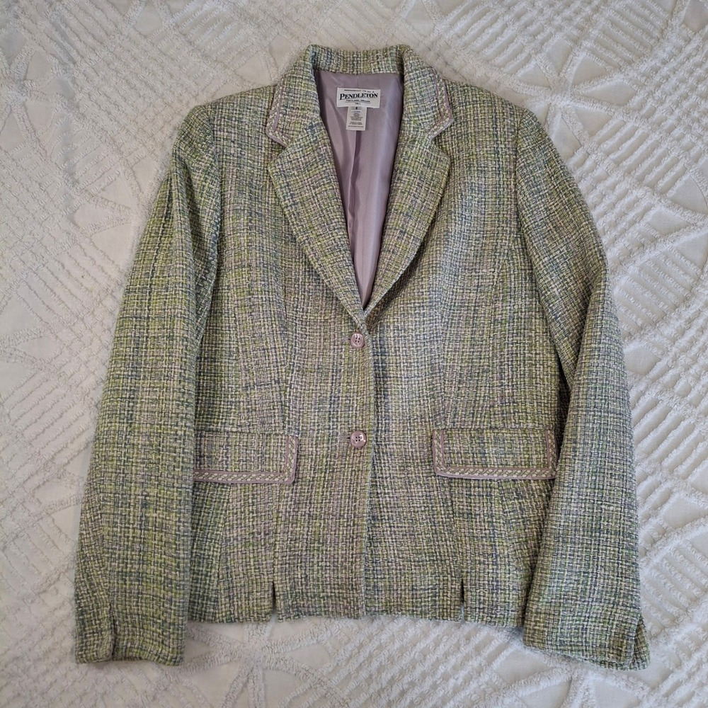 Vintage Pendleton Womens 8 Tall Blazer Green Lavender‎ Silk Tweed 2-Button Coat
